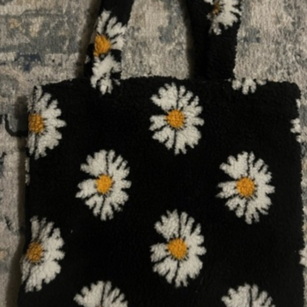 Black Floral Fuzzy Tote Bag